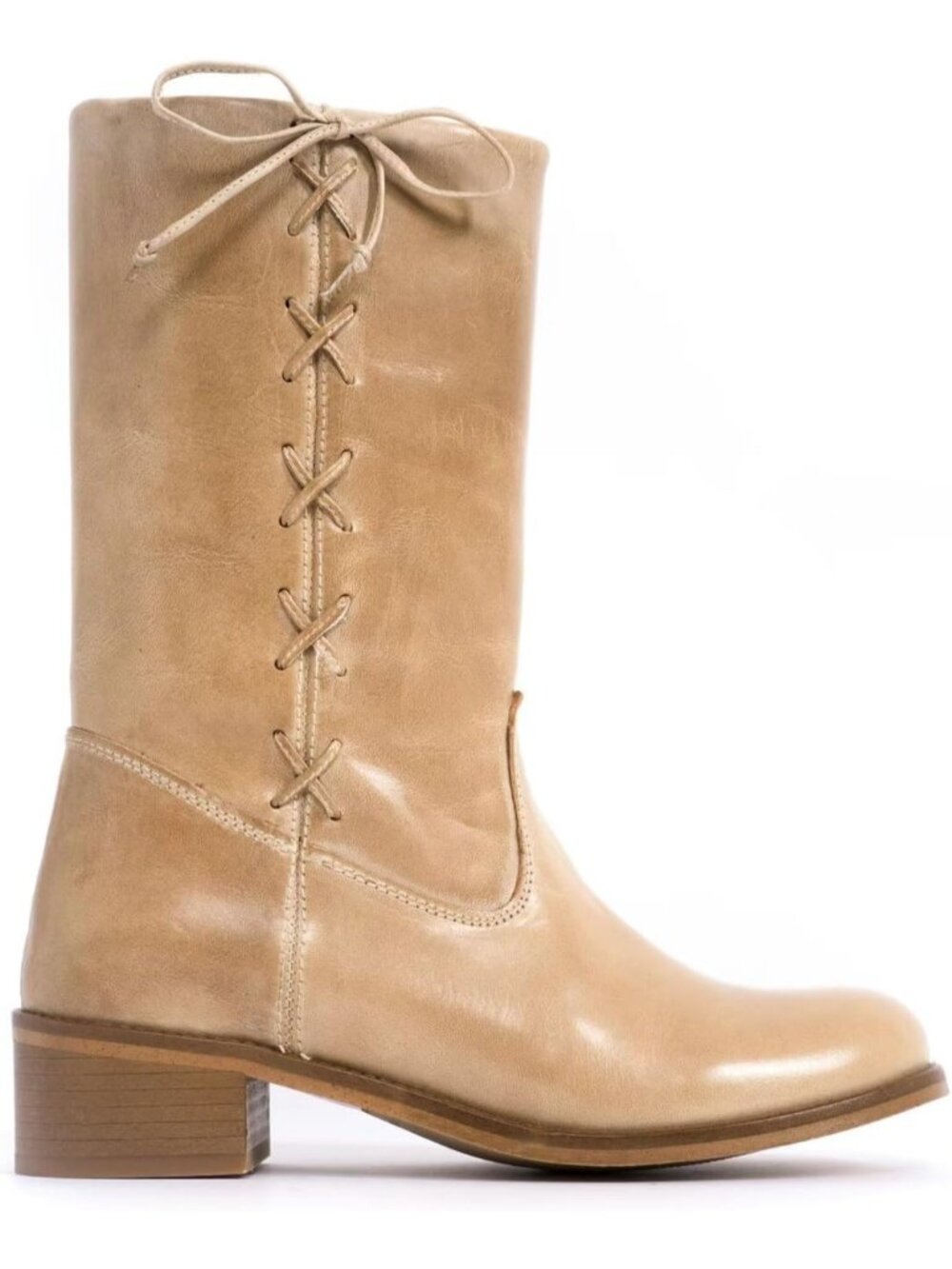 👢Women's Nude Vintage Campus Mid Calf Boots Side-Lace Round Toe Riding Boots
